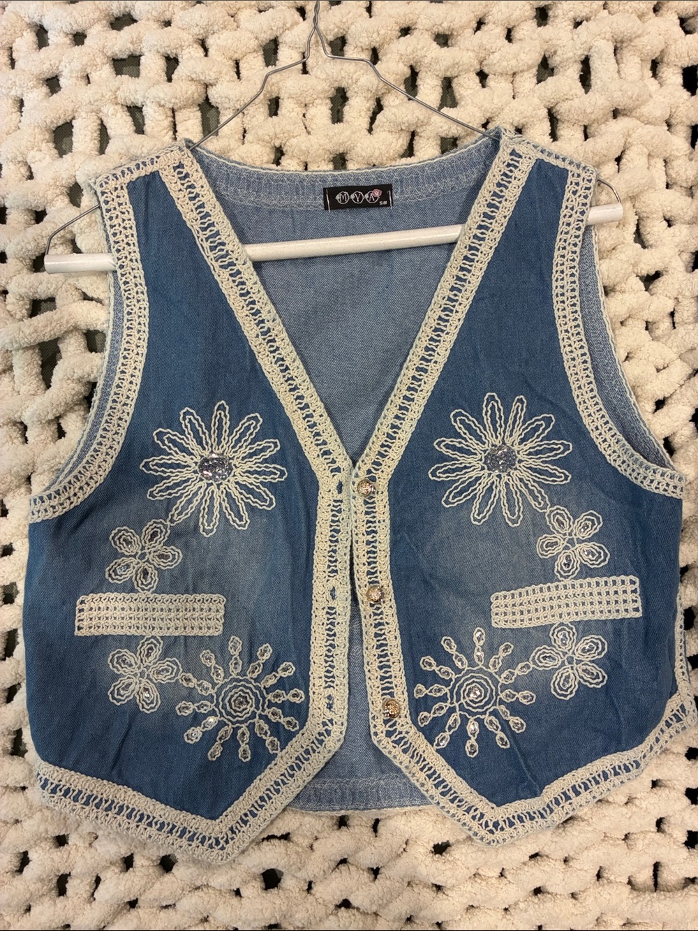 Denim Embroidered Crochet-Trim Vest